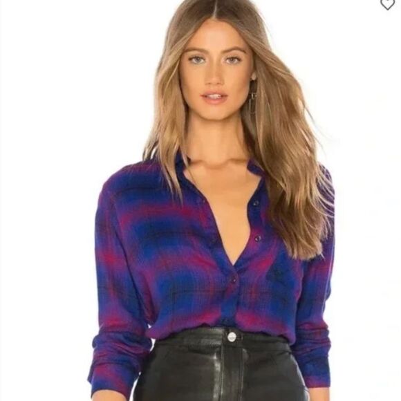 Rails Hunter Plaid Flannel Button Up Azure Scarlet Women's Medium Vibrant Soft - Picture 1 of 12